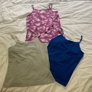 Tye Dye Purple, Solid Blue, Solid Grey Cami’s